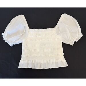 Romantic French Feminine Cottage-core White Smocked Puff Sleeve Crop Blouse S